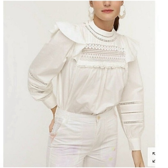 J. Crew White Ruffled Smocked Blouse with Bib Collar - Picture 2 of 6